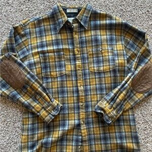 Pendleton Men's Large Outdoor Shirt Large Yellow Plaid with Elbow Patches